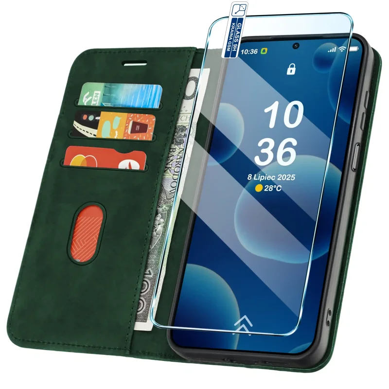 Zielone etui portfelowe Velvet do Motorola Moto G34 5G z kieszonkami na karty, przegrodą na banknoty i szkłem hartowanym w zestawie