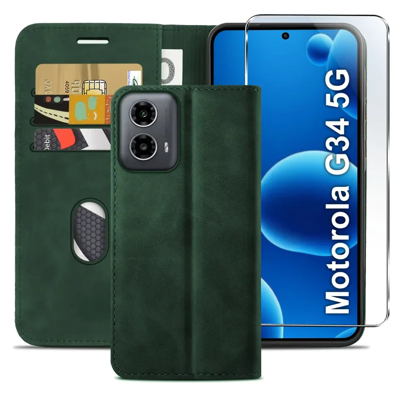 Zielone etui z klapką do Motorola Moto G34 5G z trzema kieszonkami na karty, przegrodą na banknoty oraz szkłem hartowanym na ekran