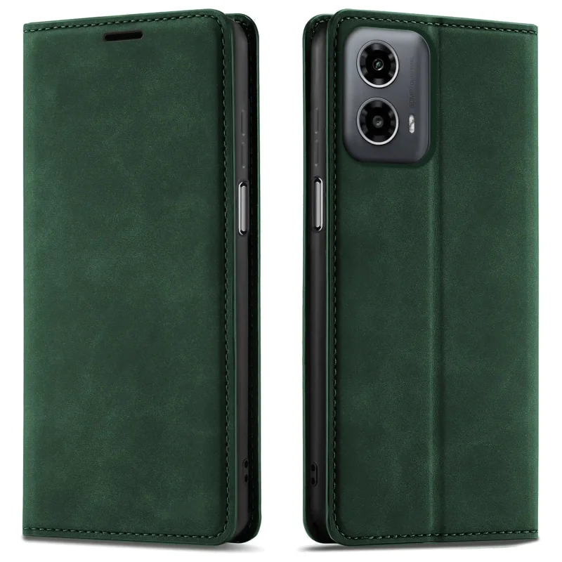 Zielone etui z klapką Velvet do Motorola Moto G34 5G pokazane z przodu i z tyłu, z wycięciem na aparat oraz zamykaną konstrukcją