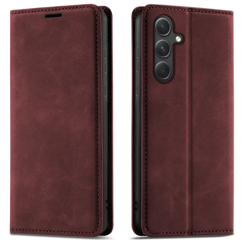 Bordowe etui z klapką Velvet do Samsung Galaxy A54 5G pokazane z przodu i z tyłu, z wycięciem na aparat oraz zamykaną konstrukcją