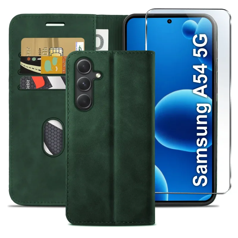 Zielone etui z klapką do Samsung Galaxy A54 5G z trzema kieszonkami na karty, przegrodą na banknoty oraz szkłem hartowanym na ekran
