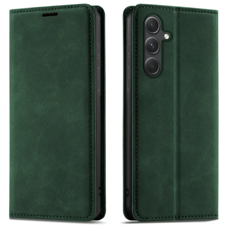 Zielone etui z klapką Velvet do Samsung Galaxy A54 5G pokazane z przodu i z tyłu, z wycięciem na aparat oraz zamykaną konstrukcją