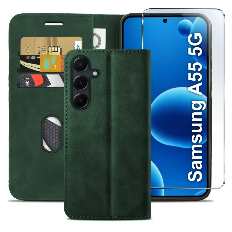 Zielone etui z klapką do Samsung Galaxy A55 5G z trzema kieszonkami na karty, przegrodą na banknoty oraz szkłem hartowanym na ekran