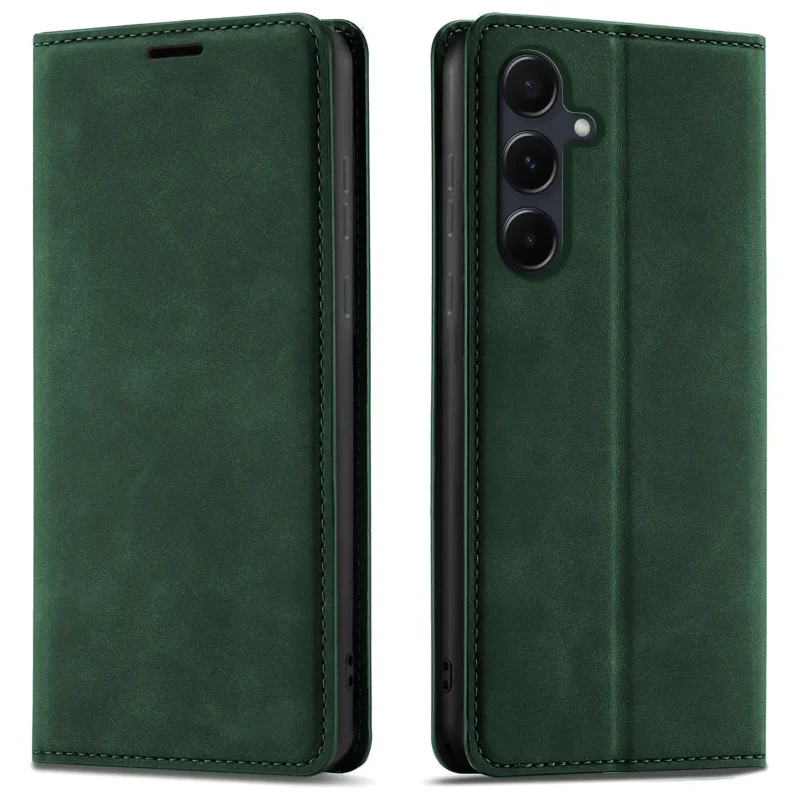 Zielone etui z klapką Velvet do Samsung Galaxy A55 5G pokazane z przodu i z tyłu, z wycięciem na aparat oraz zamykaną konstrukcją