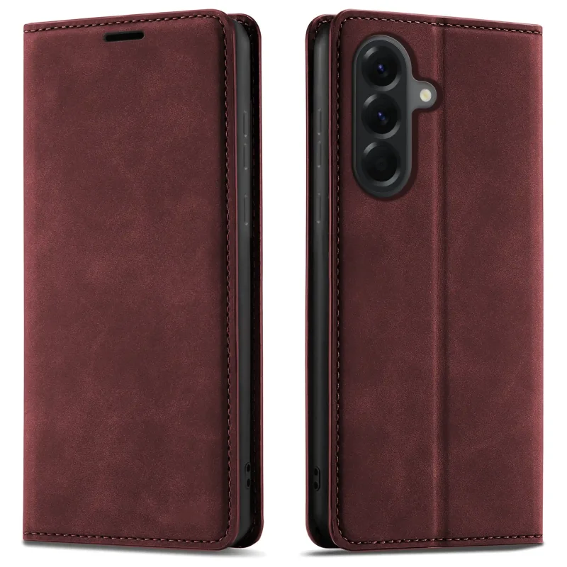 Bordowe etui z klapką Velvet do Samsung Galaxy A56 5G pokazane z przodu i z tyłu, z wycięciem na aparat oraz zamykaną konstrukcją
