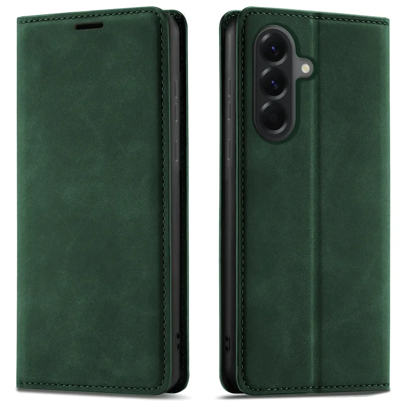 Zielone etui z klapką Velvet do Samsung Galaxy A56 5G pokazane z przodu i z tyłu, z wycięciem na aparat oraz zamykaną konstrukcją