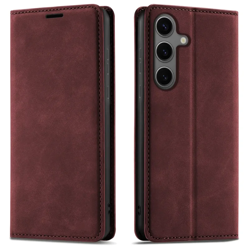 Bordowe etui z klapką Velvet do Samsung Galaxy S24 pokazane z przodu i z tyłu, z wycięciem na aparat oraz zamykaną konstrukcją