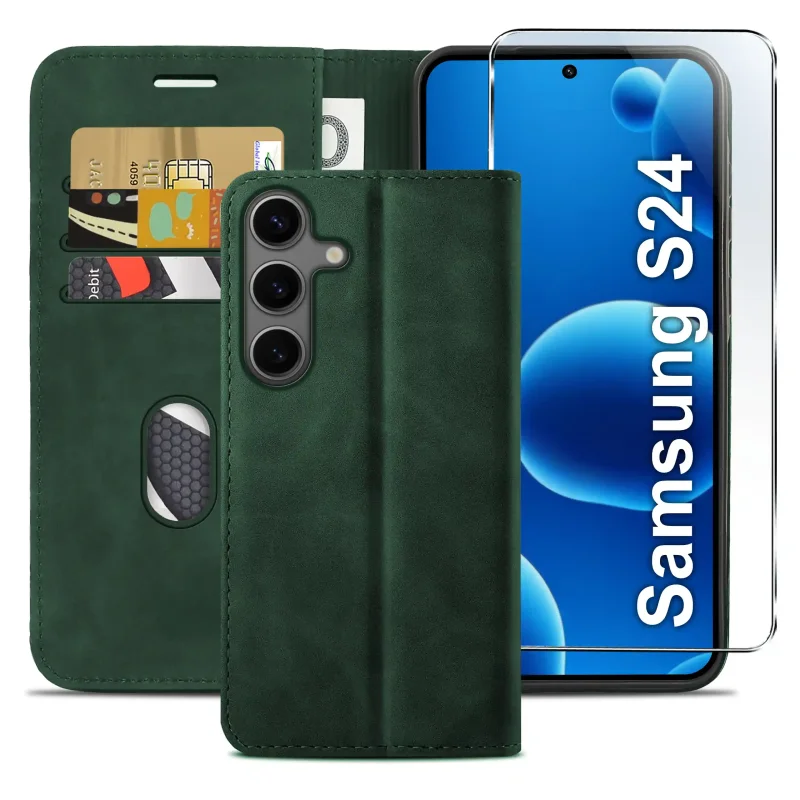 Zielone etui z klapką do Samsung Galaxy S24 z trzema kieszonkami na karty, przegrodą na banknoty oraz szkłem hartowanym na ekran