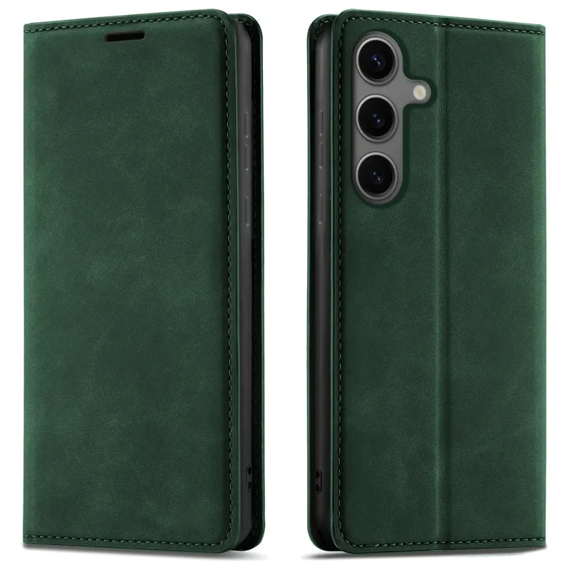 Zielone etui z klapką Velvet do Samsung Galaxy S24 pokazane z przodu i z tyłu, z wycięciem na aparat oraz zamykaną konstrukcją