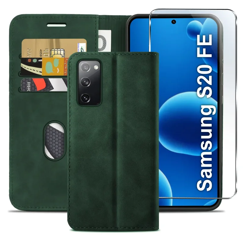 Zielone etui z klapką do Samsung Galaxy S20 FE z trzema kieszonkami na karty, przegrodą na banknoty oraz szkłem hartowanym na ekran