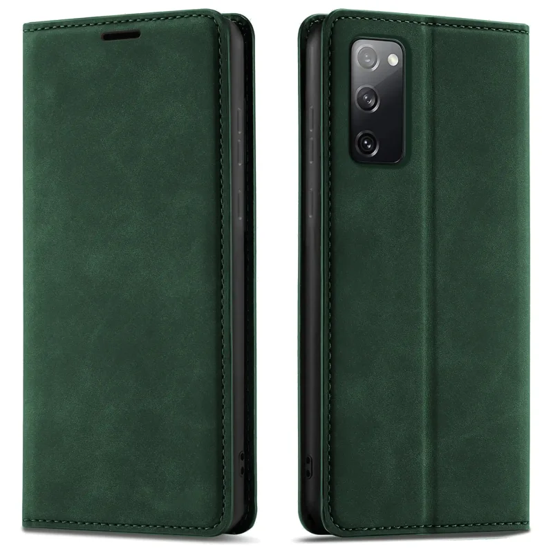 Zielone etui z klapką Velvet do Samsung Galaxy S20 FE pokazane z przodu i z tyłu, z wycięciem na aparat oraz zamykaną konstrukcją