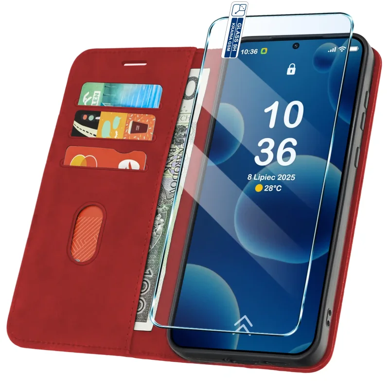 Czerwone etui portfelowe Velvet do Samsung Galaxy S20 FE z kieszonkami na karty, przegrodą na banknoty i szkłem hartowanym w zestawie