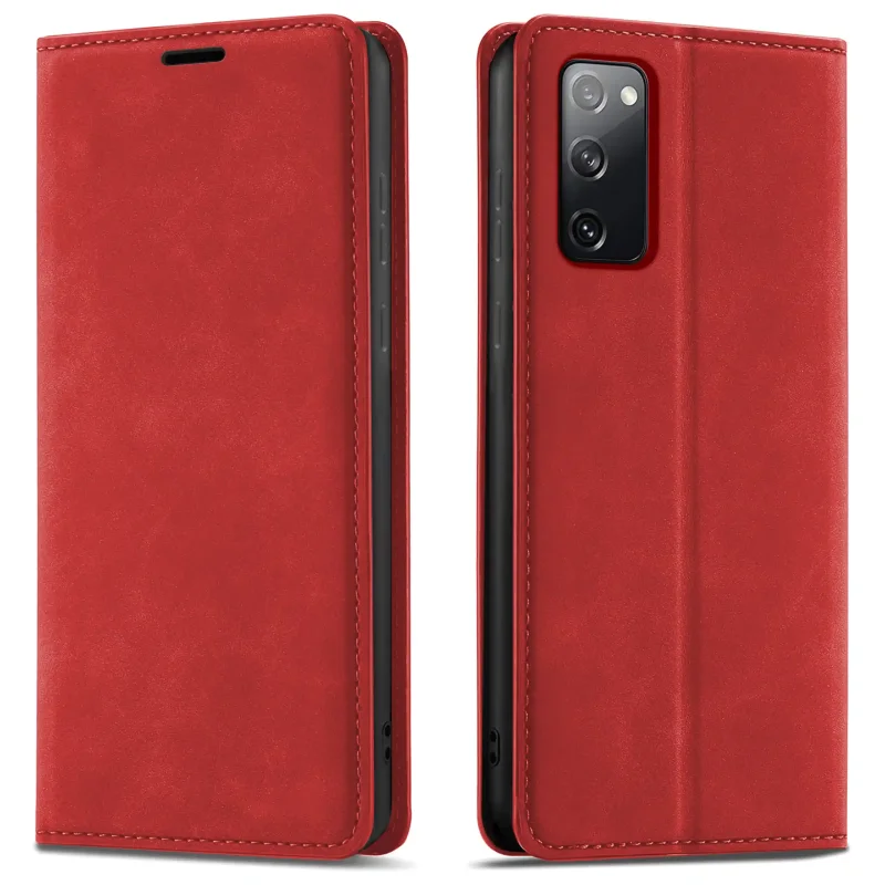 Czerwone etui z klapką Velvet do Samsung Galaxy S20 FE pokazane z przodu i z tyłu, z wycięciem na aparat oraz zamykaną konstrukcją