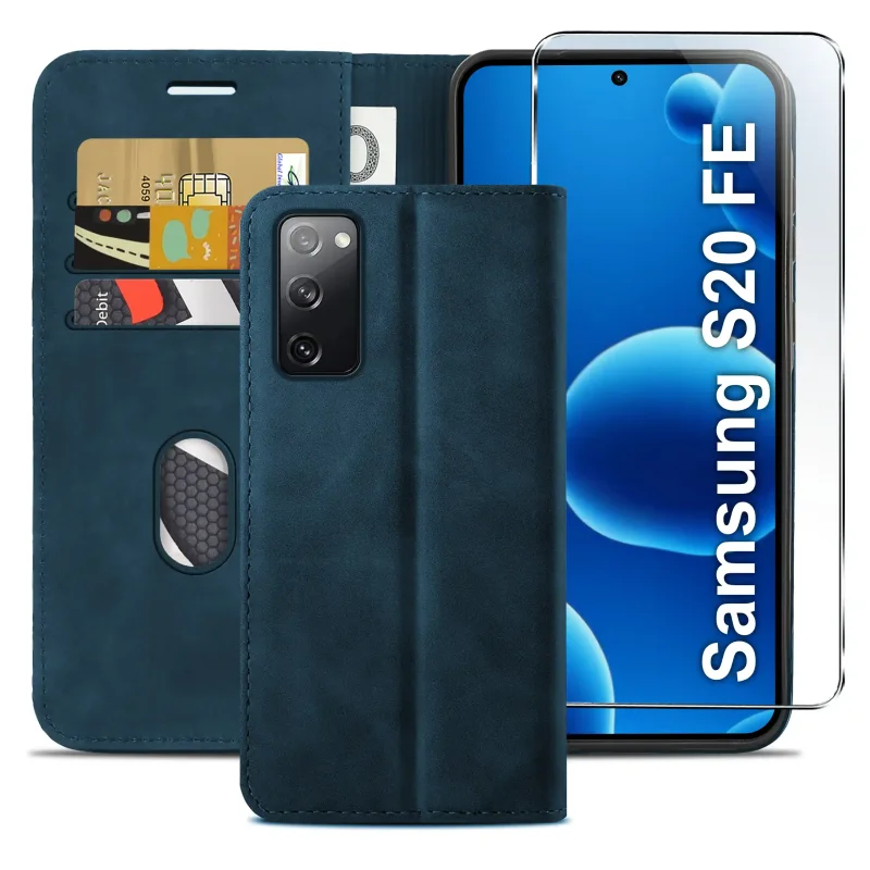 Granatowe etui z klapką do Samsung Galaxy S20 FE z trzema kieszonkami na karty, przegrodą na banknoty oraz szkłem hartowanym na ekran