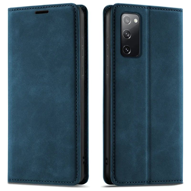 Granatowe etui z klapką Velvet do Samsung Galaxy S20 FE pokazane z przodu i z tyłu, z wycięciem na aparat oraz zamykaną konstrukcją