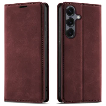 Etui do Samsung Galaxy S25 z klapką skórzane Velvet bordowe ze szkłem