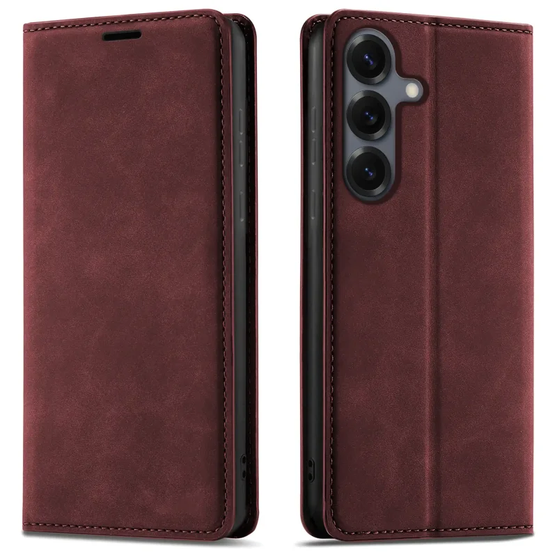 Bordowe etui z klapką Velvet do Samsung Galaxy S25 pokazane z przodu i z tyłu, z wycięciem na aparat oraz zamykaną konstrukcją