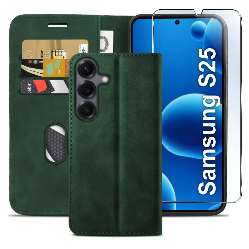 Zielone etui z klapką do Samsung Galaxy S25 z trzema kieszonkami na karty, przegrodą na banknoty oraz szkłem hartowanym na ekran