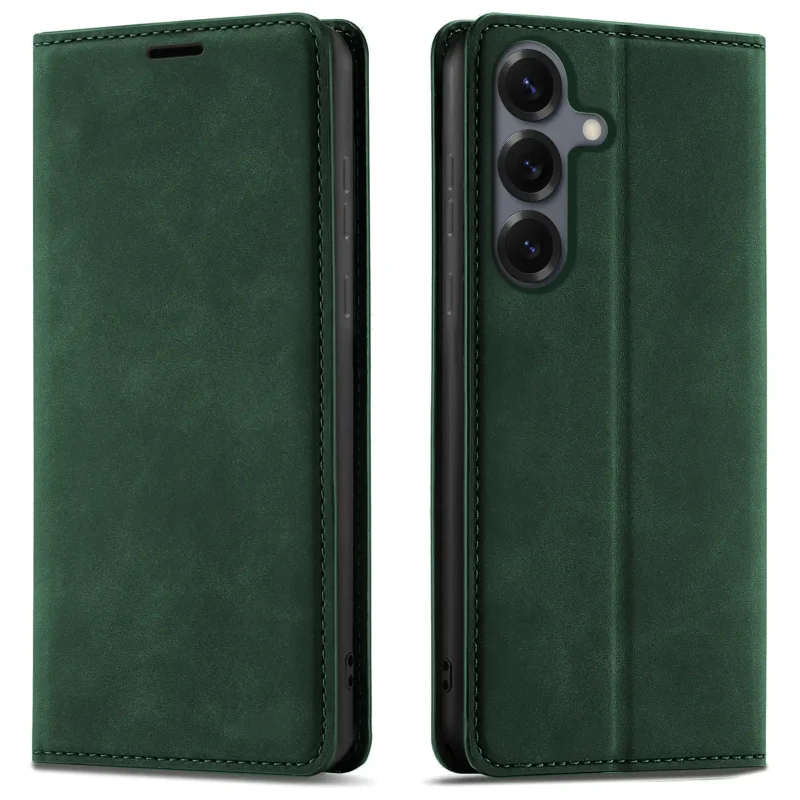 Zielone etui z klapką Velvet do Samsung Galaxy S25 pokazane z przodu i z tyłu, z wycięciem na aparat oraz zamykaną konstrukcją