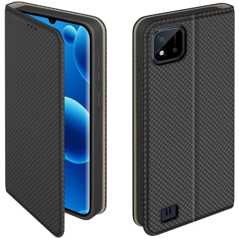 Etui z klapką do Realme C11 2021 w czarnym kolorze z magnetycznym zamknięciem, antypoślizgową fakturą i elastycznym TPU chroniącym telefon