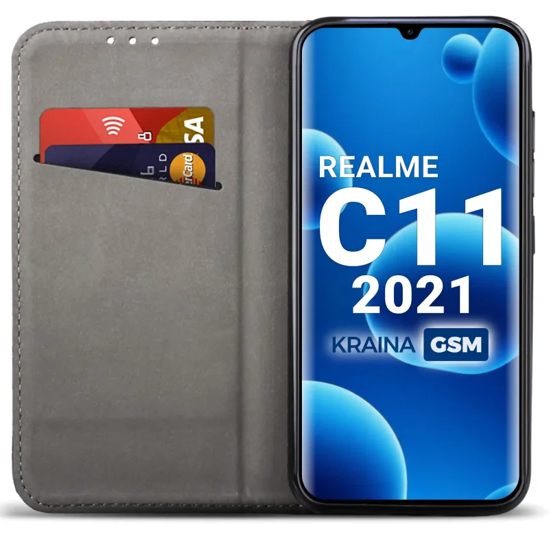 Czarne etui portfelowe do Realme C11 2021 z miejscem na karty, ukrytym magnesem i funkcją stojaka do codziennego użytkowania