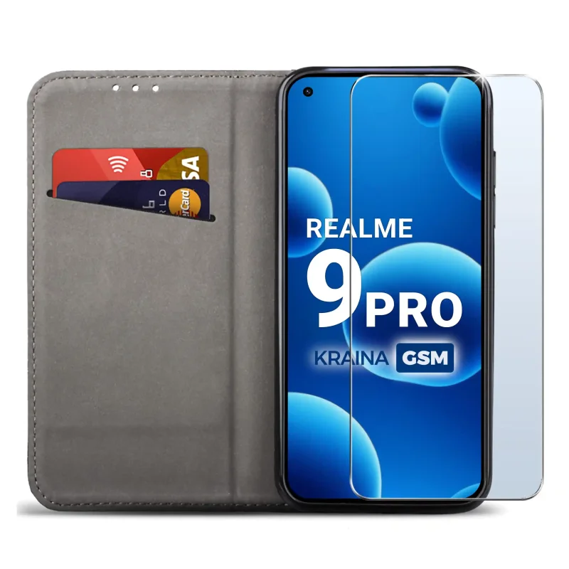 Czarne etui portfelowe do Realme 9 Pro z miejscem na karty, ukrytym magnesem i funkcją stojaka do codziennego użytkowania