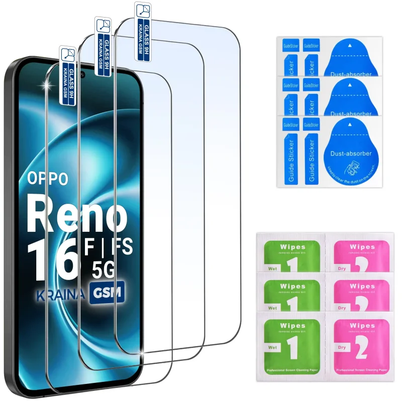Zestaw 3 szkieł hartowanych 9H do Oppo Reno 16 F 5G | 16 FS 5G z akcesoriami montażowymi
