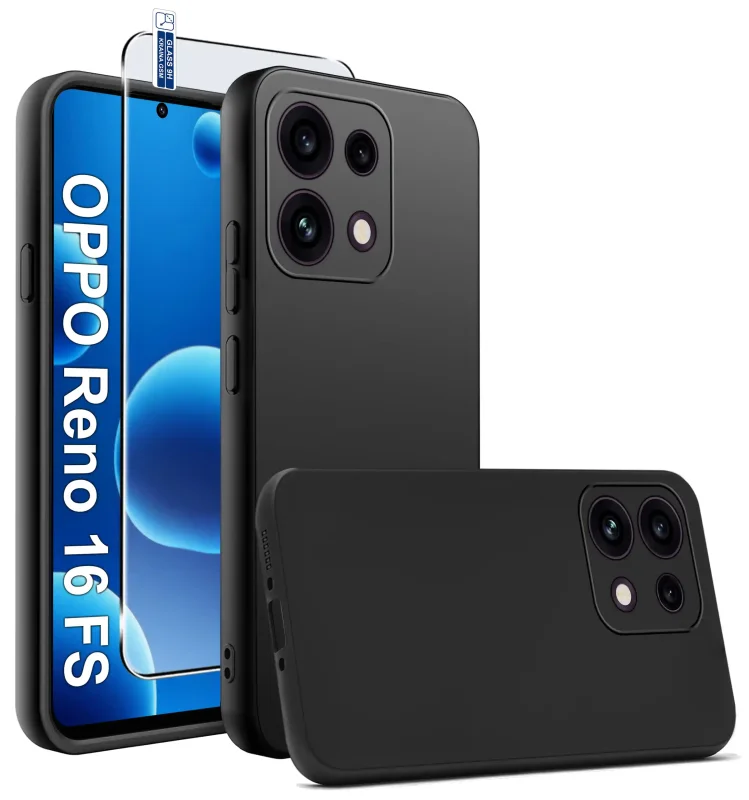 Czarne matowe etui silikonowe do Oppo Reno 16 F | 16 FS 5G ze szkłem hartowanym 9H w zestawie