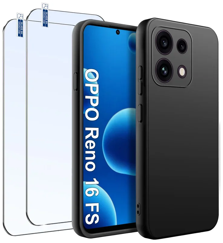 Czarne matowe etui do Oppo Reno 16 F | 16 FS 5G z dwoma szkłami hartowanymi 9H widok przodu i tyłu telefonu