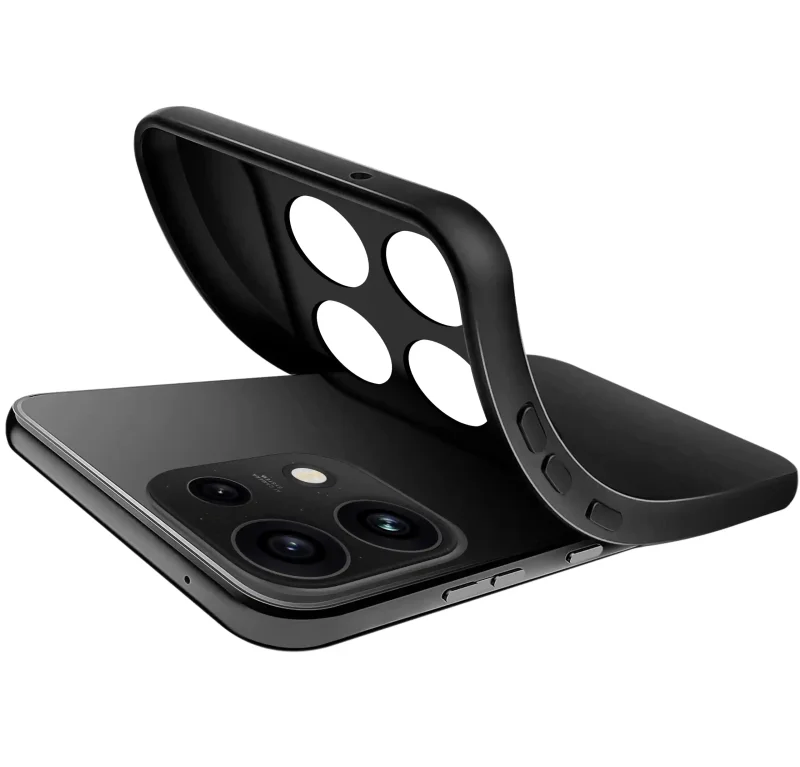 Elastyczne czarne etui do Oppo Reno 16 F | 16 FS 5G pokazujące giętką konstrukcję materiału