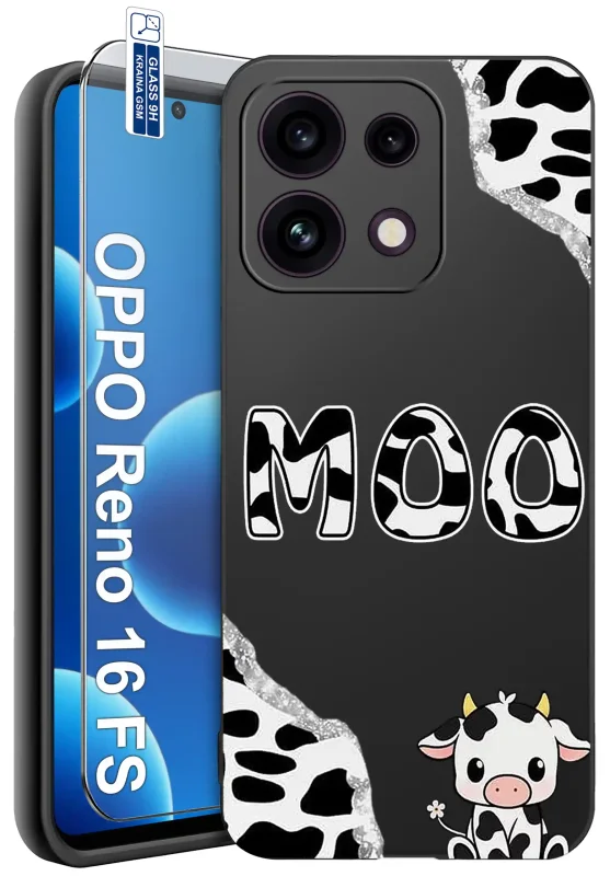 Etui do Oppo Reno 16 F | 16 FS 5G z nadrukiem krowy i napisem MOO oraz szkło hartowane 9H