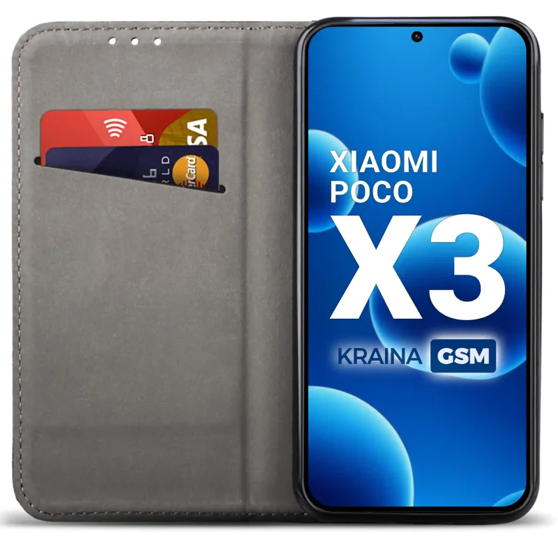 Czarne etui portfelowe do Xiaomi POCO X3 z miejscem na karty, ukrytym magnesem i funkcją stojaka do codziennego użytkowania