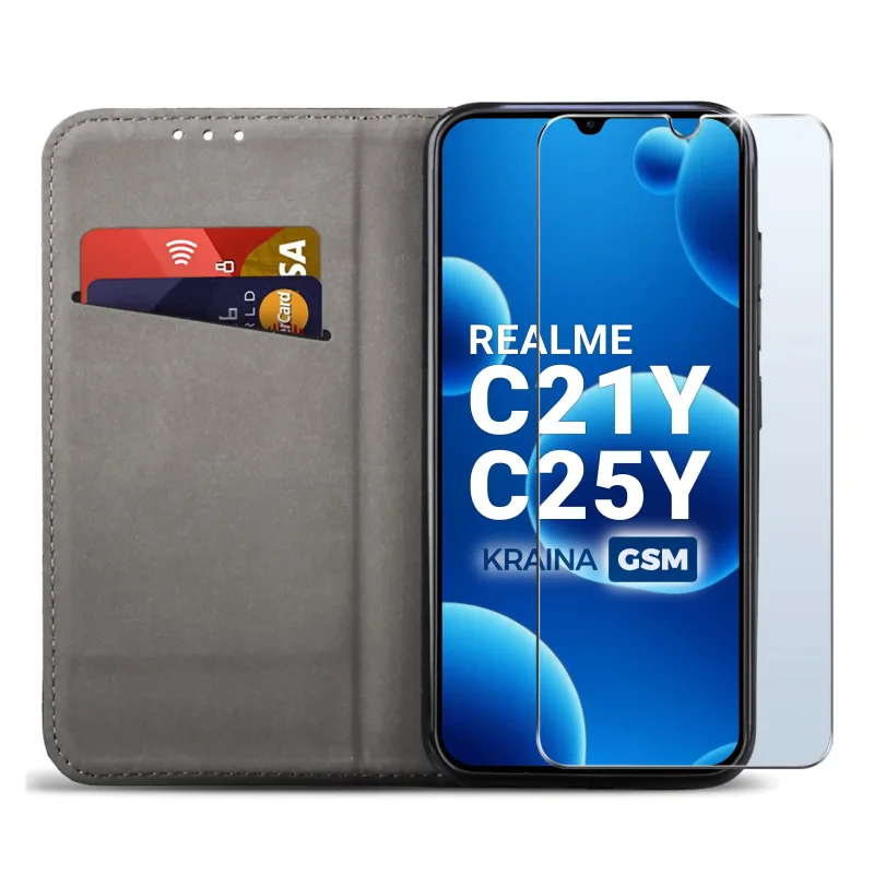 Czarne etui portfelowe do Realme C21Y | C25Y z miejscem na karty, ukrytym magnesem i funkcją stojaka do codziennego użytkowania