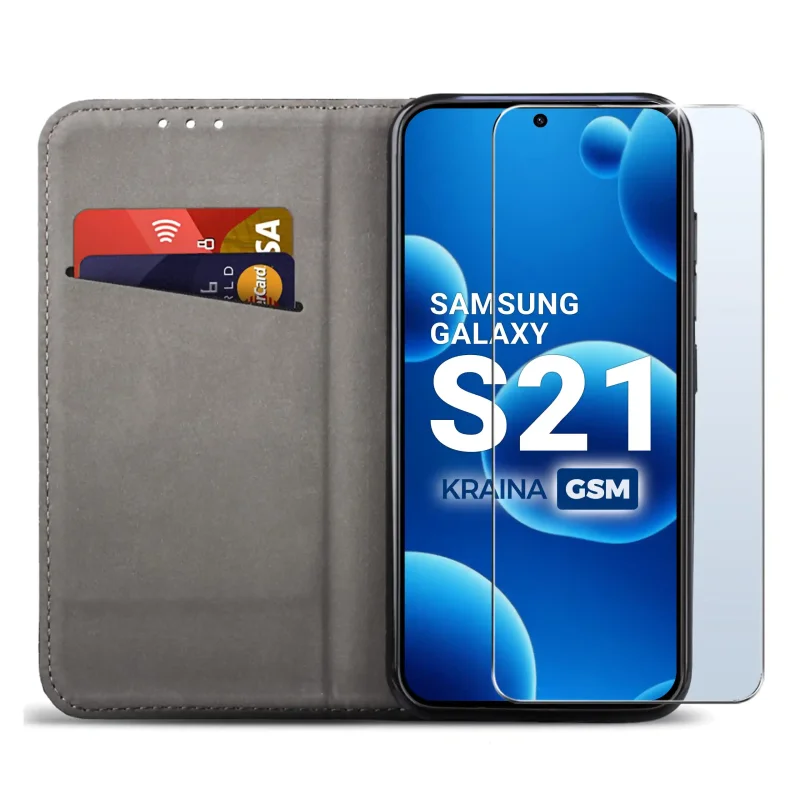Czarne etui portfelowe do Samsung Galaxy S21 z miejscem na karty, ukrytym magnesem i funkcją stojaka do codziennego użytkowania