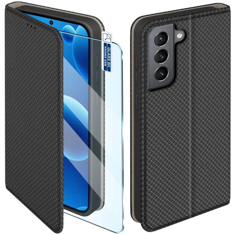 Etui z klapką do Samsung Galaxy S21 w czarnym kolorze z magnetycznym zamknięciem, antypoślizgową fakturą i elastycznym TPU chroniącym telefon