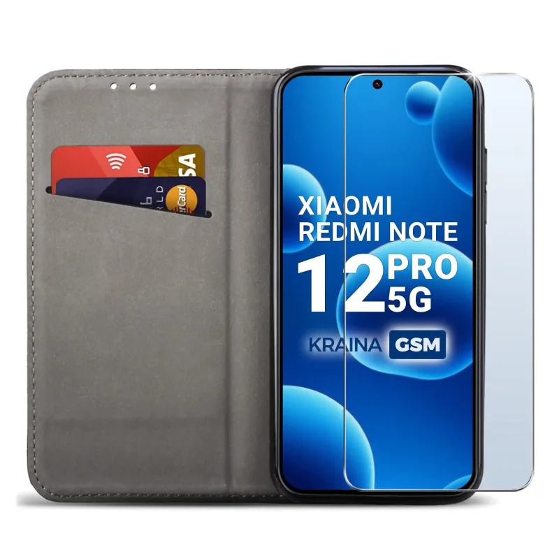 Czarne etui portfelowe do Xiaomi Redmi Note 12 Pro 5G z miejscem na karty, ukrytym magnesem i funkcją stojaka do codziennego użytkowania