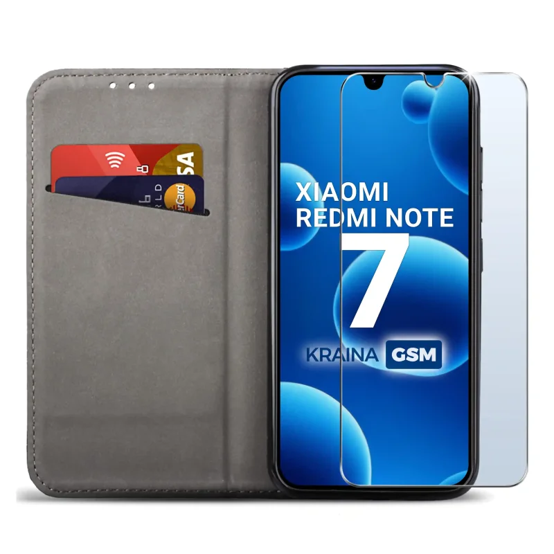 Czarne etui portfelowe do Xiaomi Redmi Note 7 z miejscem na karty, ukrytym magnesem i funkcją stojaka do codziennego użytkowania