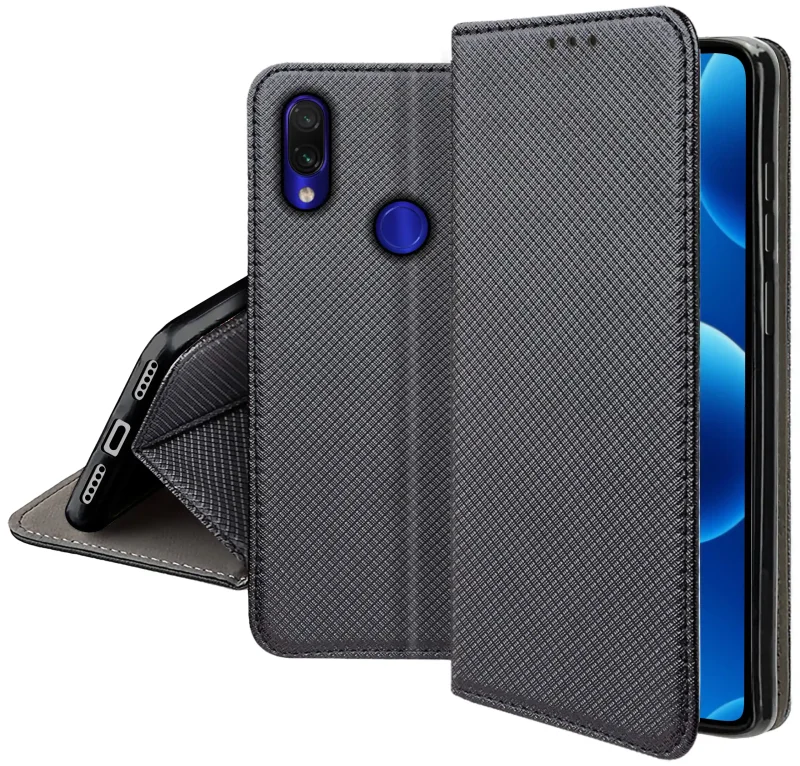 Zamykane etui z klapką do Xiaomi Redmi Note 7 z matową strukturą, wycięciami na porty oraz ochroną aparatów i boków smartfona