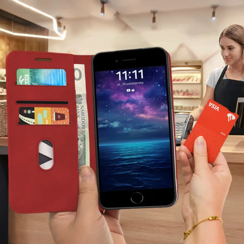 Czerwone etui Velvet do iPhone 7 | 8 | SE trzymane w dłoni podczas płatności kartą, z widocznymi kieszonkami i przegrodą na banknot