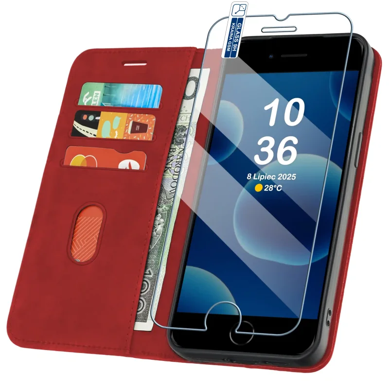 Czerwone etui portfelowe Velvet do iPhone 7 | 8 | SE z kieszonkami na karty, przegrodą na banknoty i szkłem hartowanym w zestawie