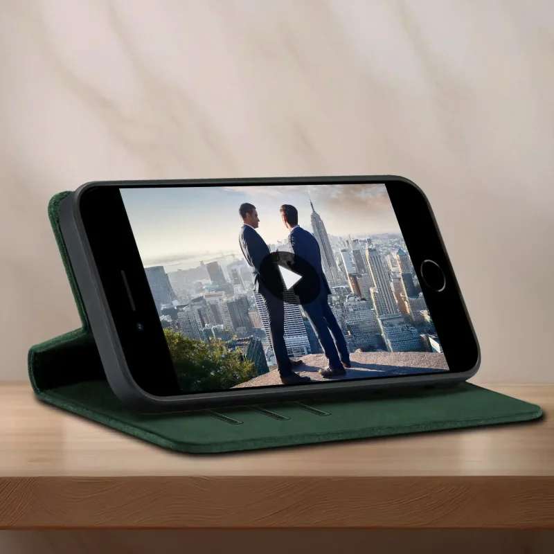 Zielone etui z klapką do iPhone 7 | 8 | SE ustawione jako stojak do oglądania filmu na telefonie