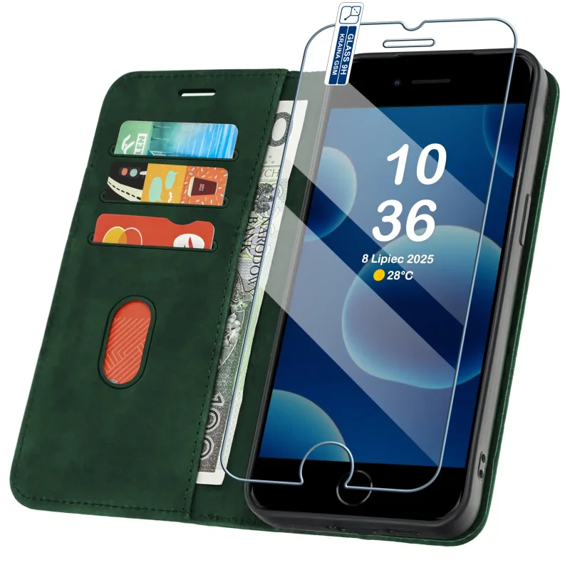 Zielone etui portfelowe Velvet do iPhone 7 | 8 | SE z kieszonkami na karty, przegrodą na banknoty i szkłem hartowanym w zestawie