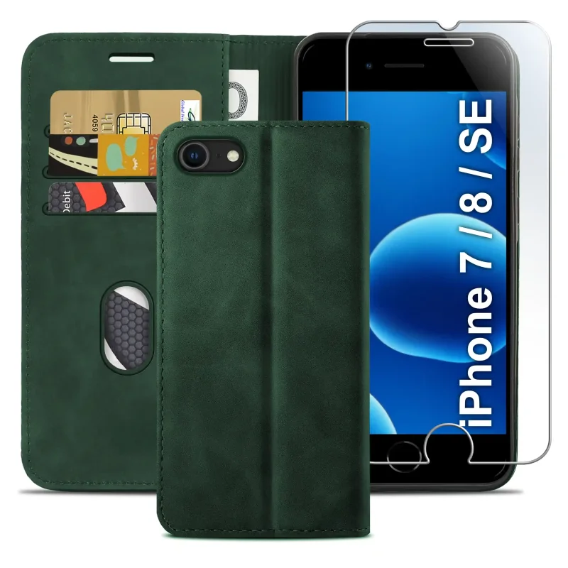 Zielone etui z klapką do iPhone 7 | 8 | SE z trzema kieszonkami na karty, przegrodą na banknoty oraz szkłem hartowanym na ekran