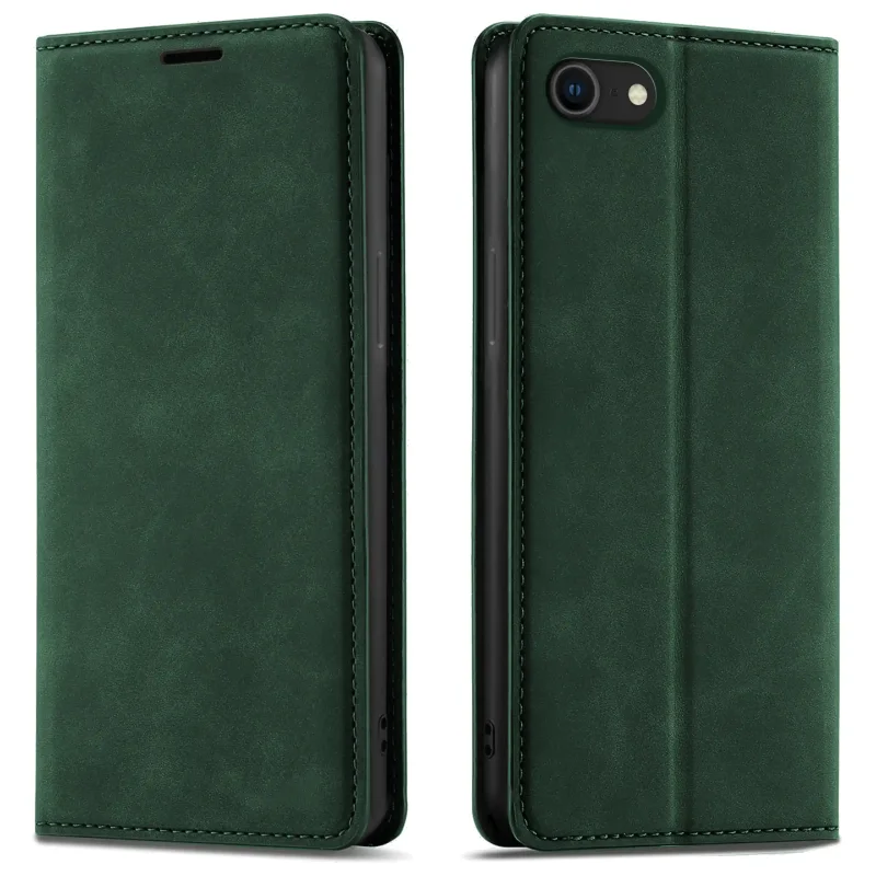 Zielone etui z klapką Velvet do iPhone 7 | 8 | SE pokazane z przodu i z tyłu, z wycięciem na aparat oraz zamykaną konstrukcją