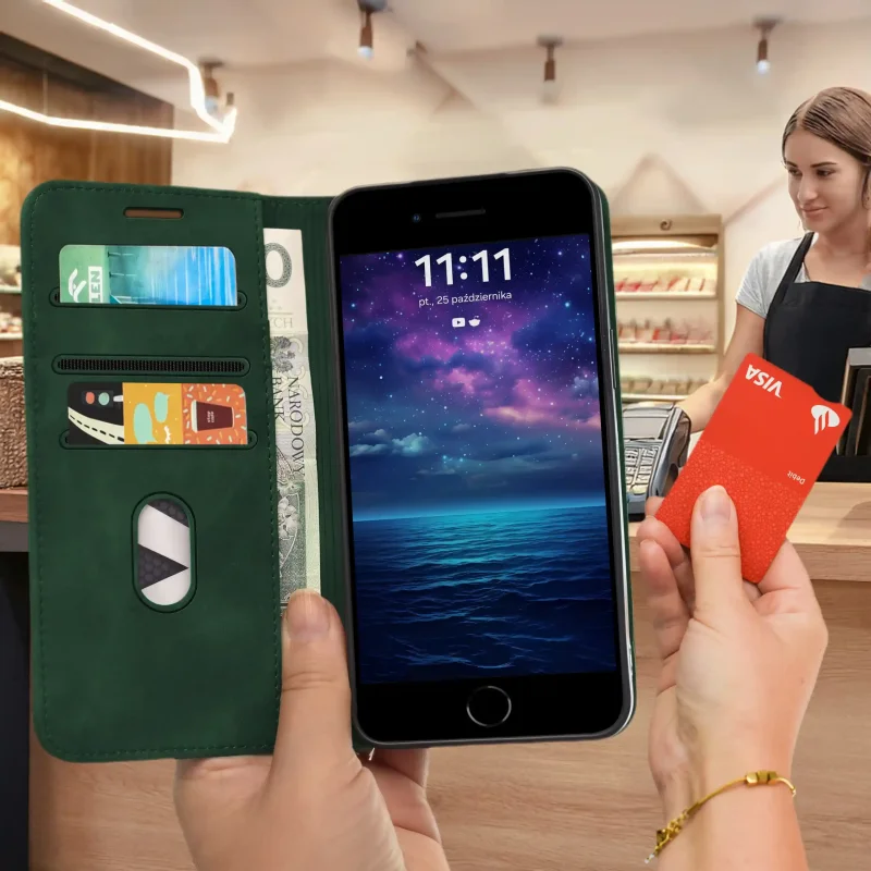 Zielone etui Velvet do iPhone 7 | 8 | SE trzymane w dłoni podczas płatności kartą, z widocznymi kieszonkami i przegrodą na banknot