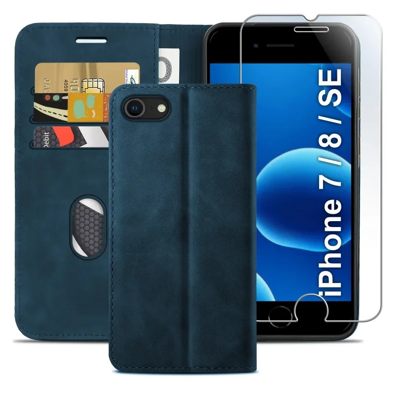 Granatowe etui z klapką do iPhone 7 | 8 | SE z trzema kieszonkami na karty, przegrodą na banknoty oraz szkłem hartowanym na ekran