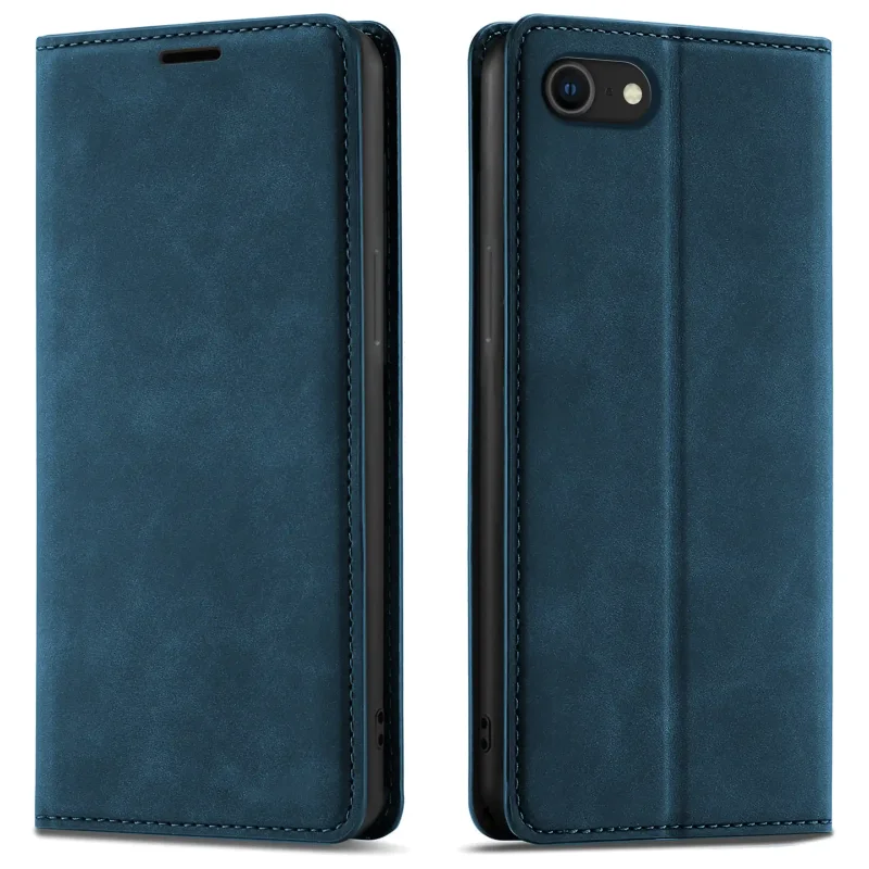 Granatowe etui z klapką Velvet do iPhone 7 | 8 | SE pokazane z przodu i z tyłu, z wycięciem na aparat oraz zamykaną konstrukcją