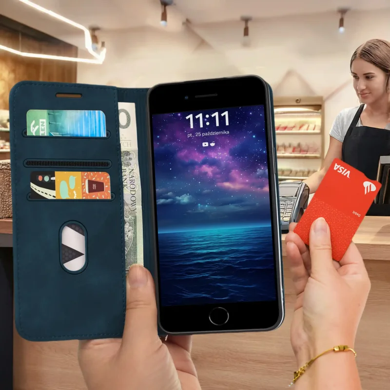 Granatowe etui Velvet do iPhone 7 | 8 | SE trzymane w dłoni podczas płatności kartą, z widocznymi kieszonkami i przegrodą na banknot