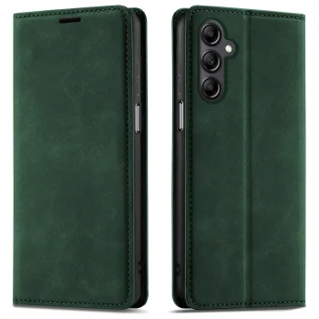 Etui do Samsung Galaxy A14 5G z klapką skórzane Velvet zielone ze szkłem