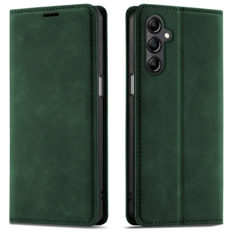 Zielone etui z klapką Velvet do Samsung Galaxy A14 5G pokazane z przodu i z tyłu, z wycięciem na aparat oraz zamykaną konstrukcją